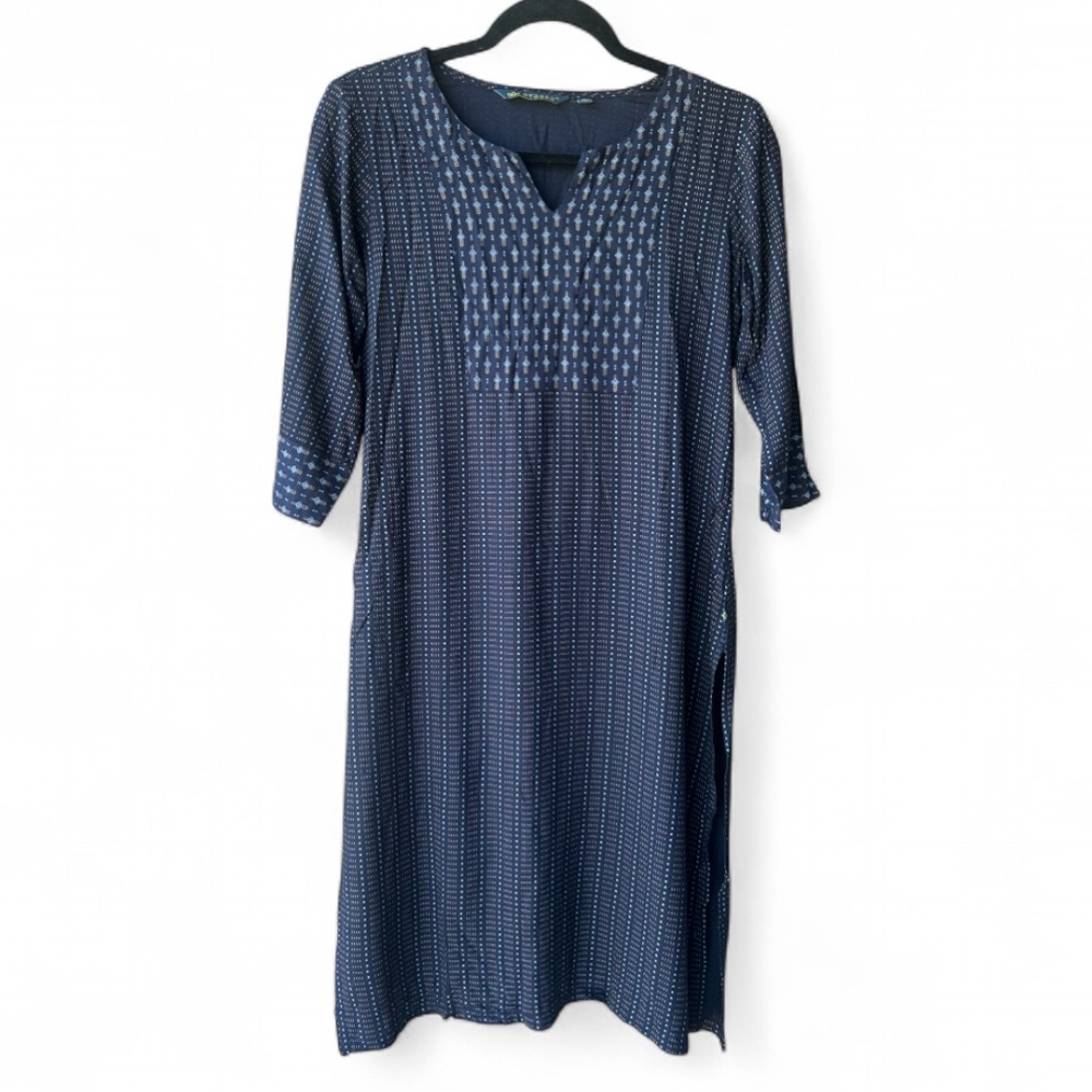 AVAASA Blue Dot Cross Kurta Tunic Top Notched V Neck 3/4 Sleeve Myntra Boho | M
